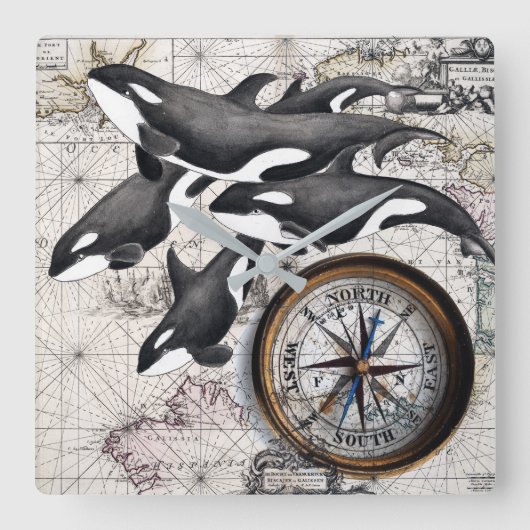 Orca Nautical Compass Vierkante Klok (Voorkant)