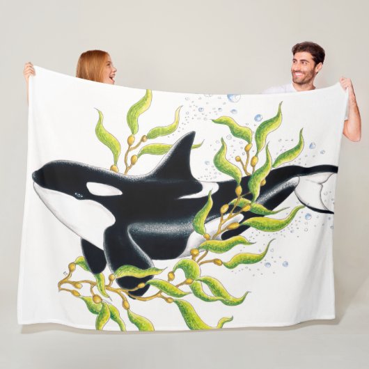 Orca walvis in Kelp Forest inkt art Fleece Deken (In situ)