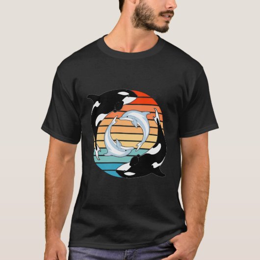 Orca walvissen en dolfijnen Retro Sunset T-shirt (Voorkant)