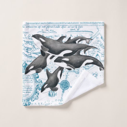 Orca walvissen: oud blauw bad handdoek (Wasdoekje)