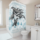 Orca walvissen: oud blauw douchegordijn (In situ)