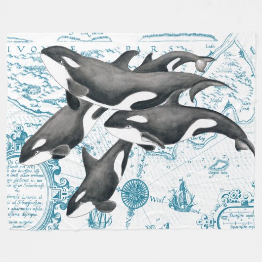 Orca walvissen: oud blauw fleece deken (Voorkant (Horizontaal))