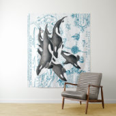 Orca walvissen: oud blauw wandkleed (In situ)