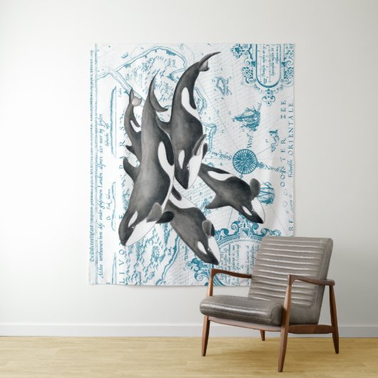 Orca walvissen: oud blauw wandkleed (In situ)