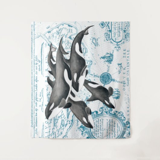 Orca walvissen: oud blauw wandkleed (Voorkant)