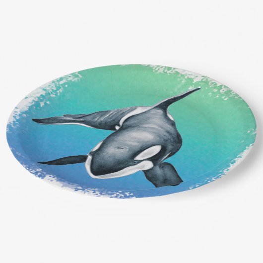 Orca Whale Blauwgroen kristal Papieren Bordje (Gekanteld)