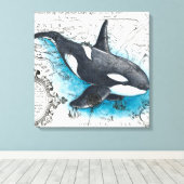 Orca Whale Blue Waterverf Nautical Map Canvas Afdruk (Insitu (Houten vloer))
