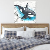 Orca Whale Blue Waterverf Nautical Map Canvas Afdruk (Insitu (Slaapkamer))