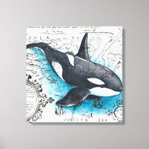 Orca Whale Blue Waterverf Nautical Map Canvas Afdruk