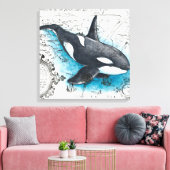 Orca Whale Blue Waterverf Nautical Map Canvas Afdruk (Insitu (Woonkamer))