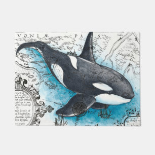 Orca Whale Blue Waterverf Nautical Map Deurmat