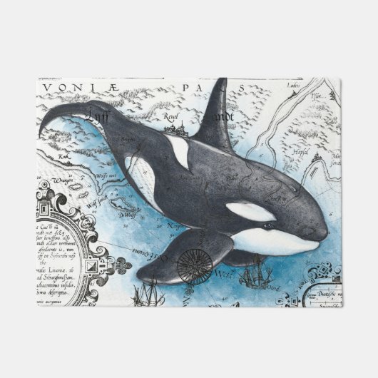 Orca Whale Blue Waterverf Nautical Map Deurmat (Voorkant)