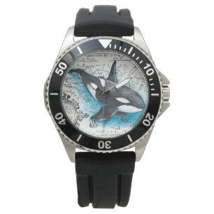Orca Whale Blue Waterverf Nautical Map Horloge