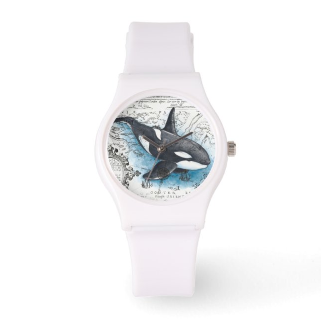 Orca Whale Blue Waterverf Nautical Map Horloge (Voorkant)