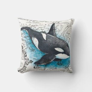 Orca Whale Blue Waterverf Nautical Map Kussen