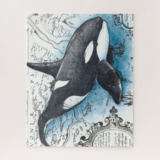 Orca Whale Blue Waterverf Nautical Map Legpuzzel (Verticaal)