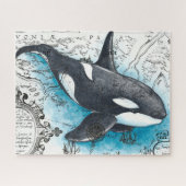 Orca Whale Blue Waterverf Nautical Map Legpuzzel (Horizontaal)