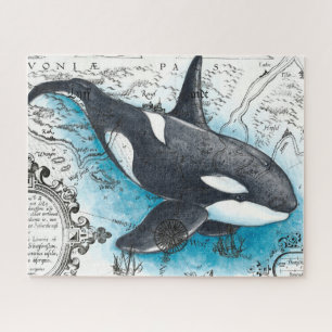 Orca Whale Blue Waterverf Nautical Map Legpuzzel