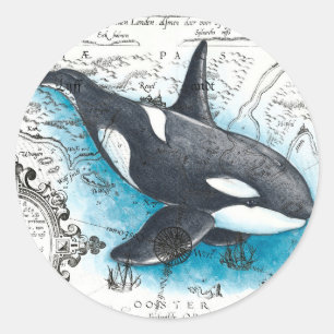 Orca Whale Blue Waterverf Nautical Map Ronde Sticker