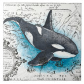 Orca Whale Blue Waterverf Nautical Map Tegeltje (Voorkant)