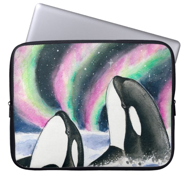 Orca Whale Galaxy Northern Lights Stars Waterverf Laptop Sleeve (Voorkant)