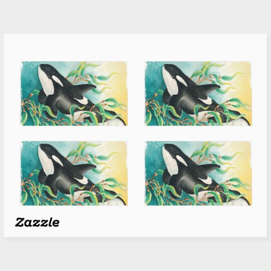 Orca Whale in Kelp Waterverf Art Rechthoekige Sticker (Vel)