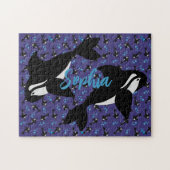 Orca Whale met Bubbles Paarse blauwe achtergrond Legpuzzel (Horizontaal)