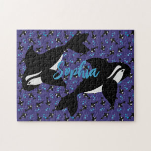 Orca Whale met Bubbles Paarse blauwe achtergrond Legpuzzel
