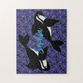 Orca Whale met Bubbles Paarse blauwe achtergrond Legpuzzel (Verticaal)
