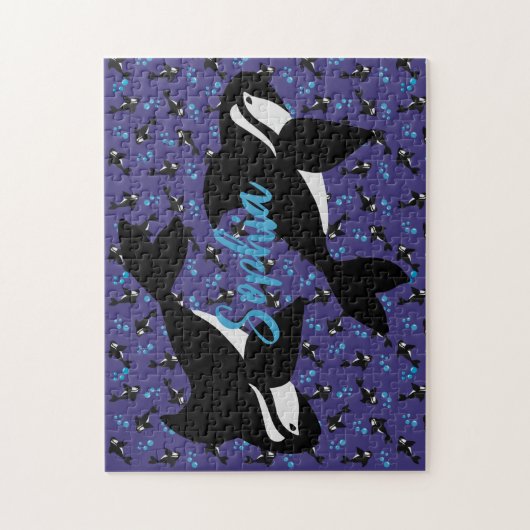 Orca Whale met Bubbles Paarse blauwe achtergrond Legpuzzel (Verticaal)