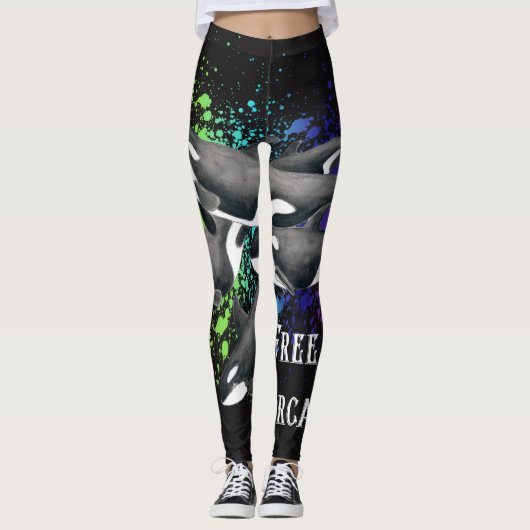 Orca Whales Waterverf Splash Black Leggings (Voorkant)