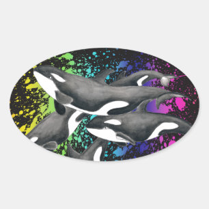 Orca Whales Waterverf Splash Black Ovale Sticker