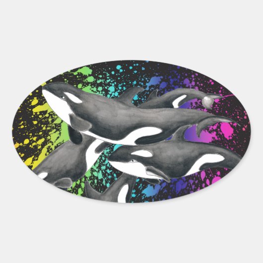 Orca Whales Waterverf Splash Black Ovale Sticker (Voorkant)