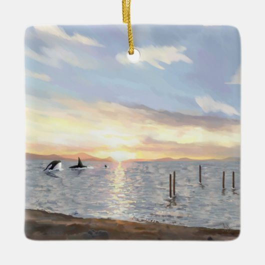 Orcas at Sunset Ceramic Ornament (Voorkant)