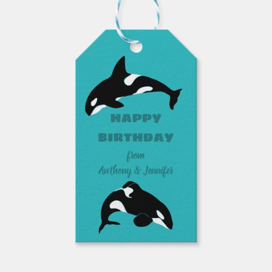 Orcas Killer Whales Blauwgroen Blauw Aangepast Cadeaulabel (Voorkant)
