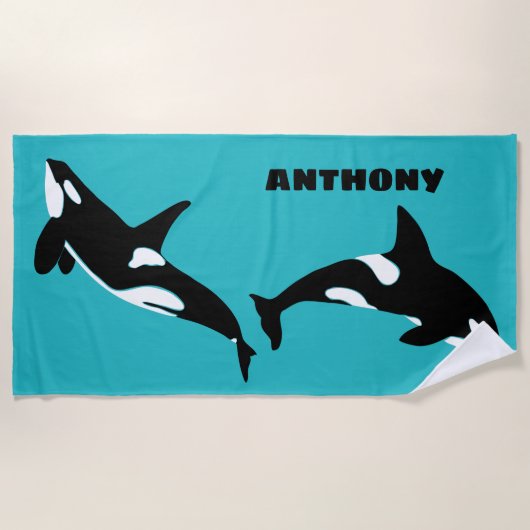 Orcas Killer Whales Blauwgroen Blauw Aangepast Strandlaken (Voorkant)