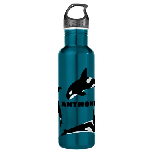 Orcas Killer Whales Blauwgroen Blauw Aangepast Waterfles (Voorkant)