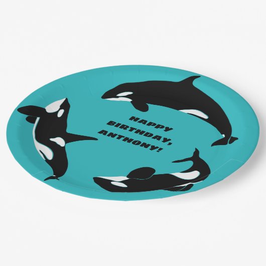 Orcas Killer Whales Blauwgroen Blue Birthday Party Papieren Bordje (Gekanteld)