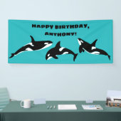 Orcas Killer Whales Blauwgroen Blue Birthday Party Spandoek (Beurs)
