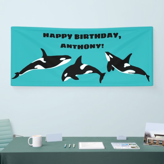 Orcas Killer Whales Blauwgroen Blue Birthday Party Spandoek (Beurs)