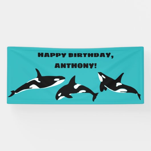 Orcas Killer Whales Blauwgroen Blue Birthday Party Spandoek (Horizontaal)