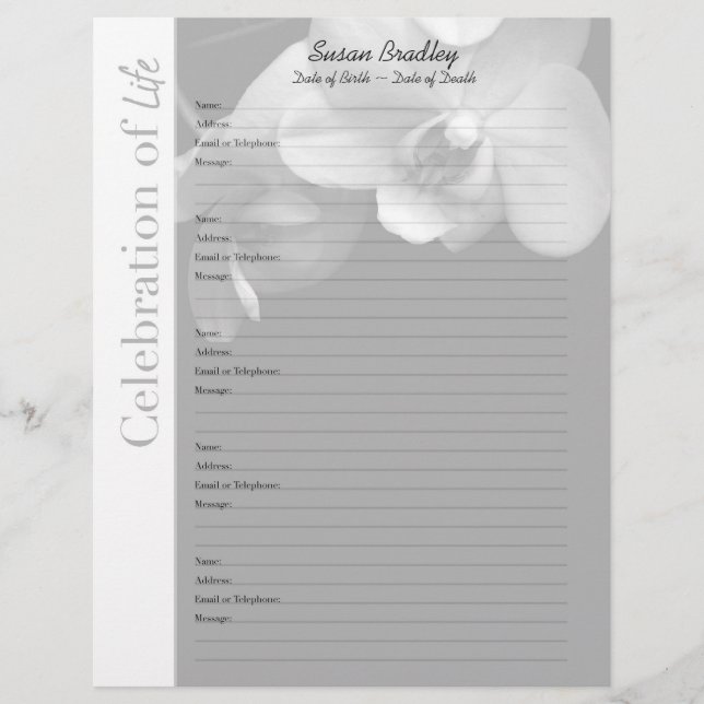 Orchid 1 Memorial Guest Book Custom Filler Pages (Voorkant)