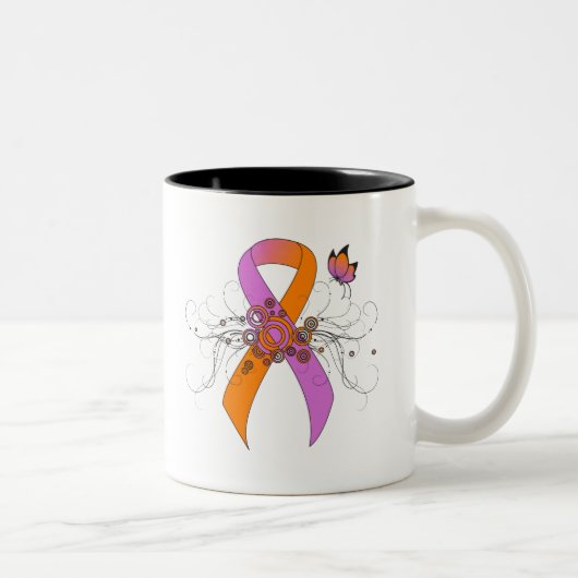 Orchid and Oranje Awareness Ribbon with Butterfly Tweekleurige Koffiemok (Rechts)