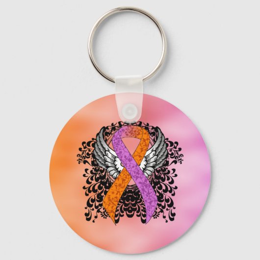 Orchid and Oranje Awareness Ribbon with Wings Sleutelhanger (Voorkant)