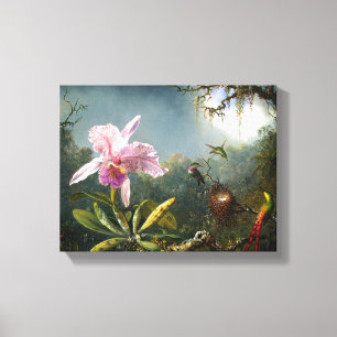 Orchid and Three Hummingbird Fine Art Canvas Afdruk