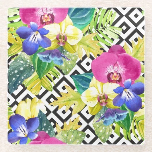 Orchid Begonia en Palm Leaves Glazen Onderzetter (Voorkant)