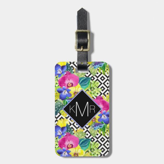 Orchid Begonia en Palm Leaves | Monogram Bagagelabel (Voorkant verticaal)