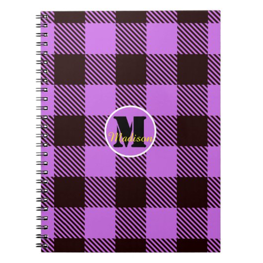 Orchid Black Pset Tartan Monogram Script Name Notitieboek (Voorkant)
