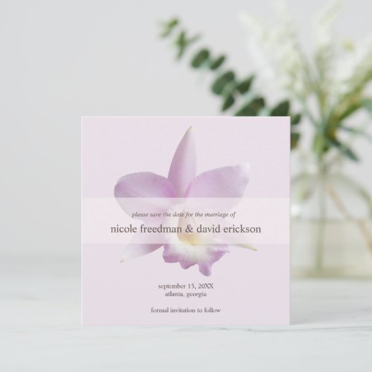 Orchid bloom violet moderne bruiloft met behoud va save the date (Staand voorkant)