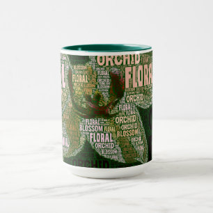 Orchid Floral bloesem over groene Word Cloud Mok
